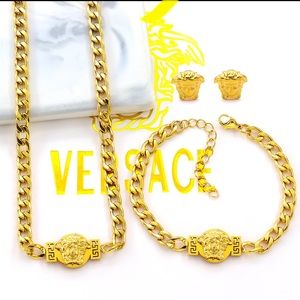 18K Gold Plated Versace Women jewelry Set Chain Necklace Bracelet and Earrings